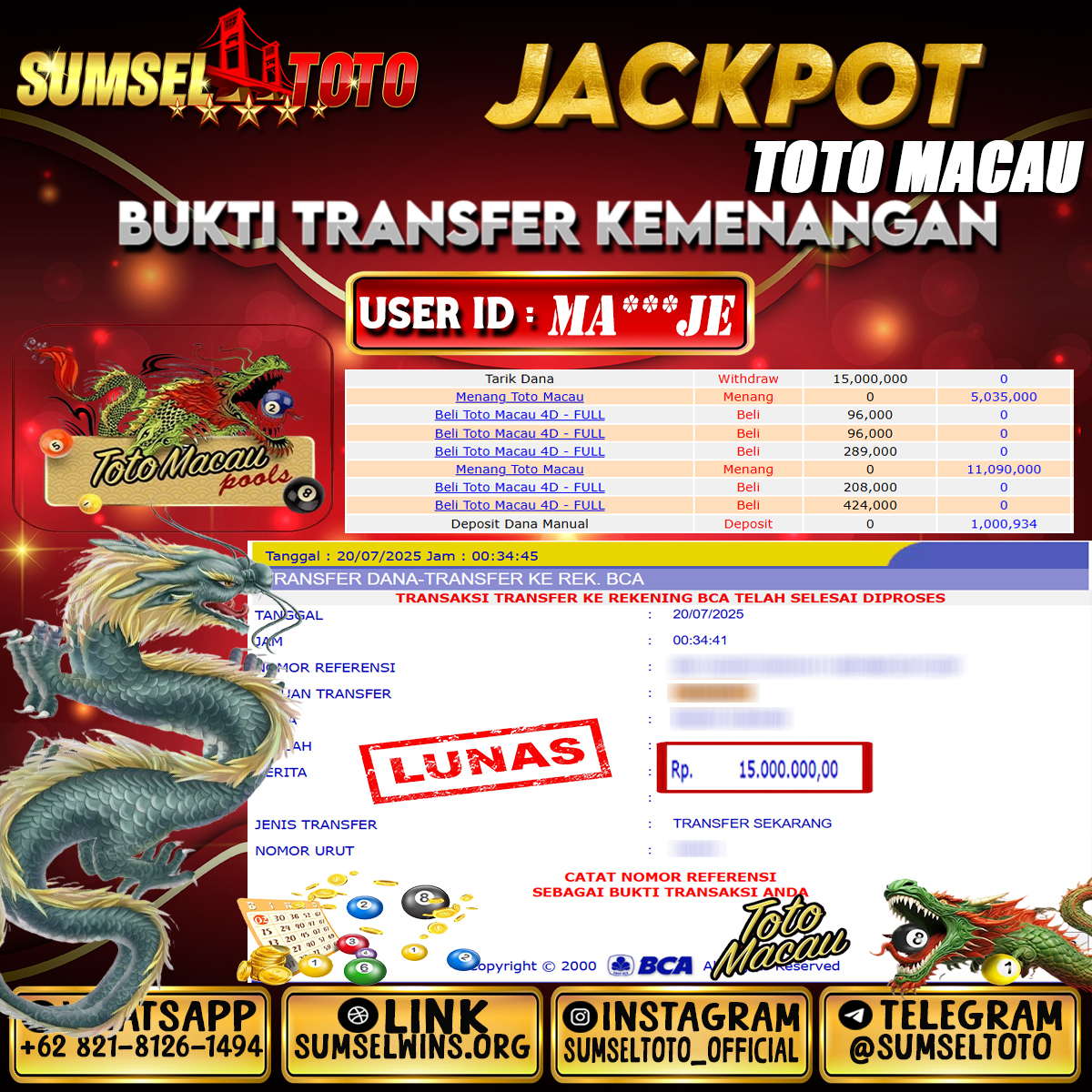 SUMSELTOTO JACKPOT TOGEL TOTO MACAU Rp.15.000.000.,- LUNAS